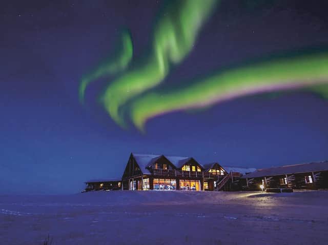 The Northern Lights over Hotel Ranga, Iceland, one of the best places to stay and view the phenomenon