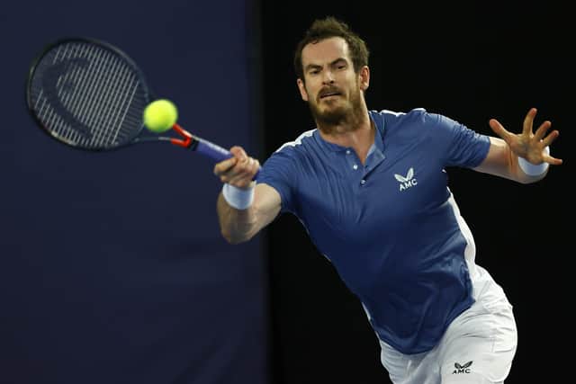 Andy Murray plays a forehand during his win over James Ward at the Schroders Battle of the Brits. Picture: Clive Brunskill/Getty Images