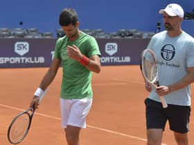 Goran Ivanisevic, right, and Novak Djokovic during practice for the Adria Tour. Picture: Zvonko Kucelin/AP