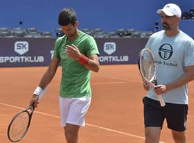 Goran Ivanisevic, right, and Novak Djokovic during practice for the Adria Tour. Picture: Zvonko Kucelin/AP
