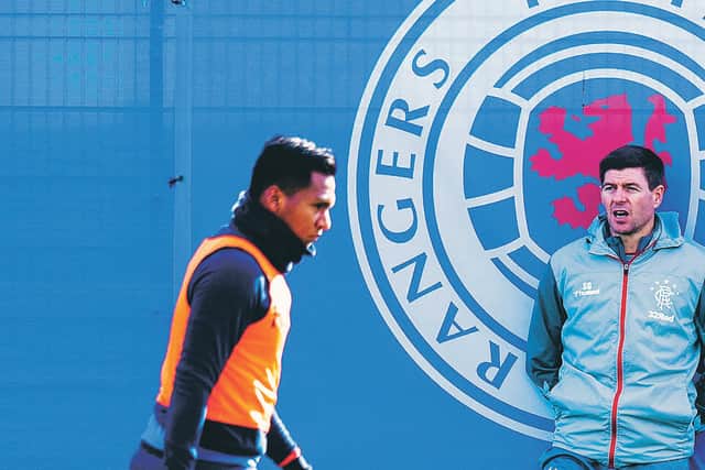 Steven Gerrard and Alfredo Morelos during training shortly before lockdown. Picture: Craig Williamson/SNS