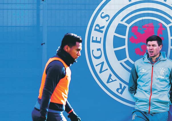 Steven Gerrard and Alfredo Morelos during training shortly before lockdown. Picture: Craig Williamson/SNS