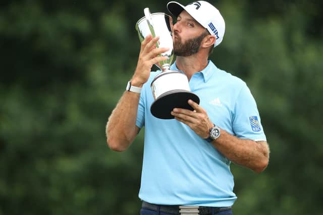 Dustin Johnson celebrates his victory in the Travelers Championship in Connecticut. Picture: Getty Images