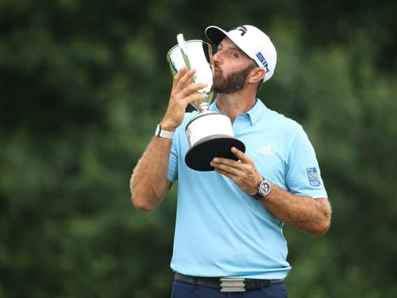 Dustin Johnson celebrates his victory in the Travelers Championship in Connecticut. Picture: Getty Images