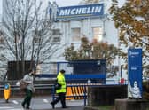 Staff arrive at the Michelin tyre factory in Dundee