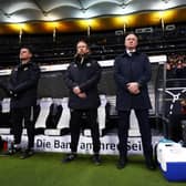 Austin MacPhee, third left, stands alongside Michael O’Neill with whom he worked in the Northern Ireland set-up. Picture: James Marsh/BPI/Shutterstock