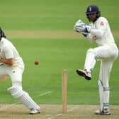 Batsman James Bracey flicks the ball away as wicketkeeper Ben Foakes watches from behind the stumps at the Ageas Bowl. Picture: Stu Forster/Getty