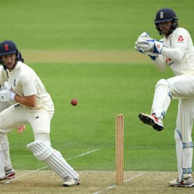 Batsman James Bracey flicks the ball away as wicketkeeper Ben Foakes watches from behind the stumps at the Ageas Bowl. Picture: Stu Forster/Getty