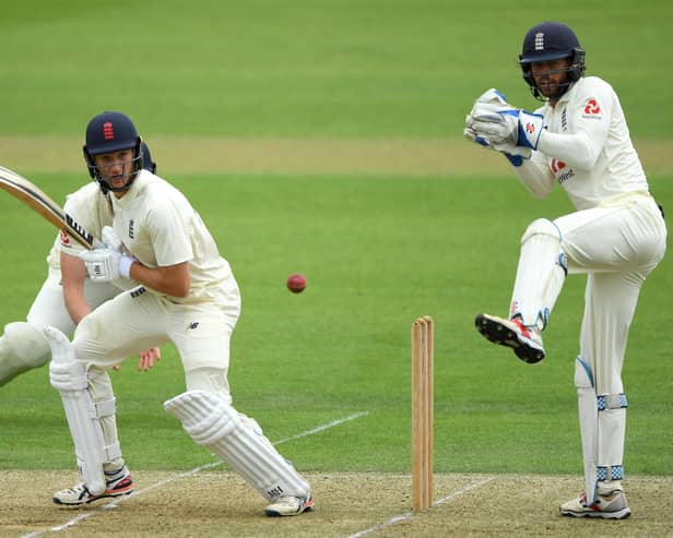 Batsman James Bracey flicks the ball away as wicketkeeper Ben Foakes watches from behind the stumps at the Ageas Bowl. Picture: Stu Forster/Getty