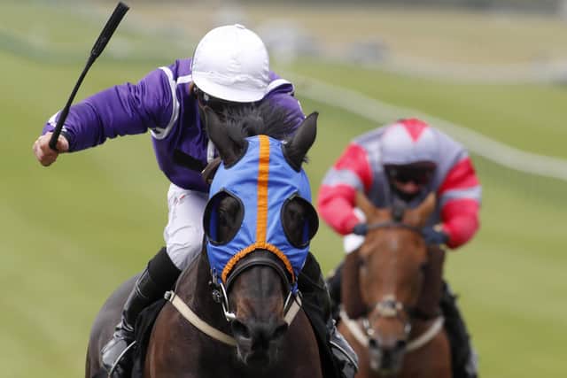 Dark Defender, ridden by Rowan Scott, wins The Betway Heed Your Hunch Handicap Stakes at Newmarket. Picture: Dan Abraham/Pool via Getty