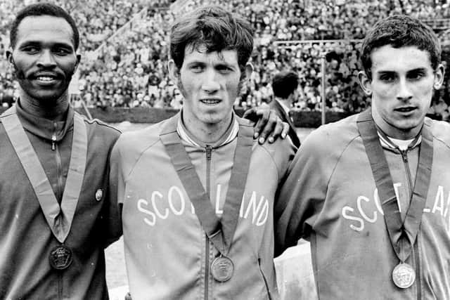 From left to right and gold to bronze, medallists Ian Stewart, Ian McCafferty and Kip Keino pose for photographs after the 5,000m final at the 1970 Commonwealth Games in Edinburgh.