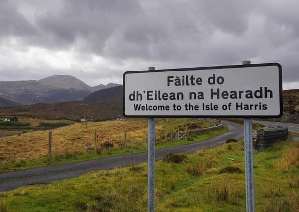 A sign in Gaelic and English on a road on the Isle of Harris in the Outer Hebrides.