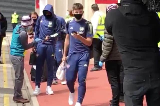 Kieran Tierney clutches a Tesco bag as he arrives at Bramall Lane for Arsenal’s FA Cup quarter-final against Sheffield United on Sunday. Picture: @Arsenal