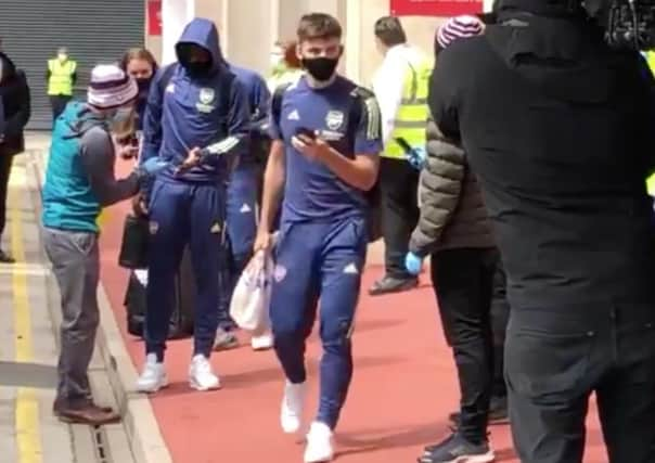 Kieran Tierney clutches a Tesco bag as he arrives at Bramall Lane for Arsenal’s FA Cup quarter-final against Sheffield United on Sunday. Picture: @Arsenal