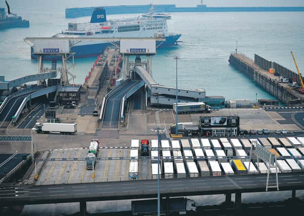 Freight lorries wait on the quayside to board a ferry, as a DFDS ferry arrives at the Port of Dover. Picture: Ben Stansall/AFP via Getty Images
