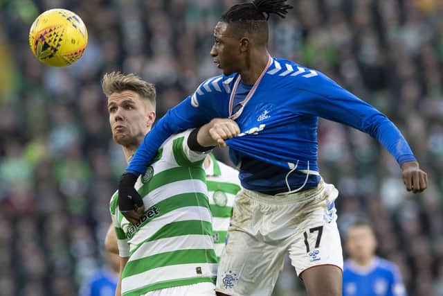Celtic’s Kristoffer Ajer tussles with Rangers’ Joe Aribo during a Premiership fixture in December. The two clubs are next scheduled to meet at Celtic Park on 17 October. Picture: Alan Harvey/SNS