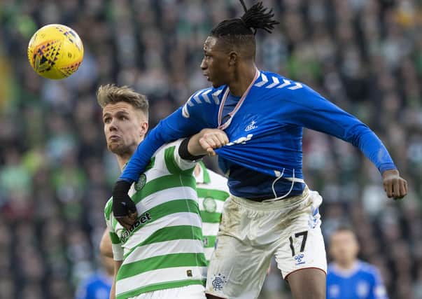 Celtic’s Kristoffer Ajer tussles with Rangers’ Joe Aribo during a Premiership fixture in December. The two clubs are next scheduled to meet at Celtic Park on 17 October. Picture: Alan Harvey/SNS