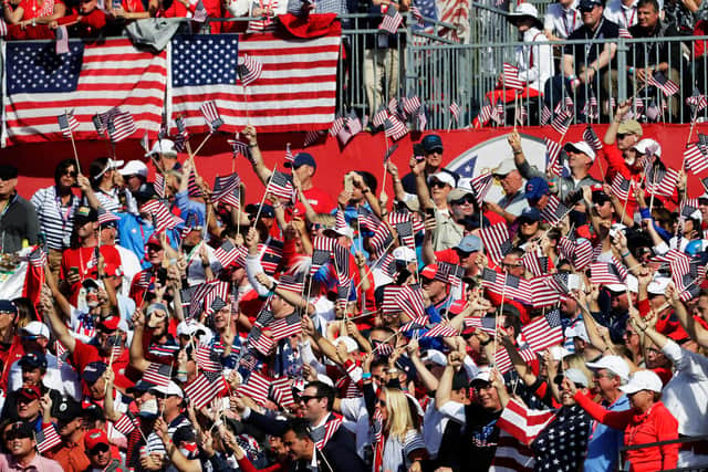 Fans hit fever pitch on the first tee at Hazeltine in 2016.