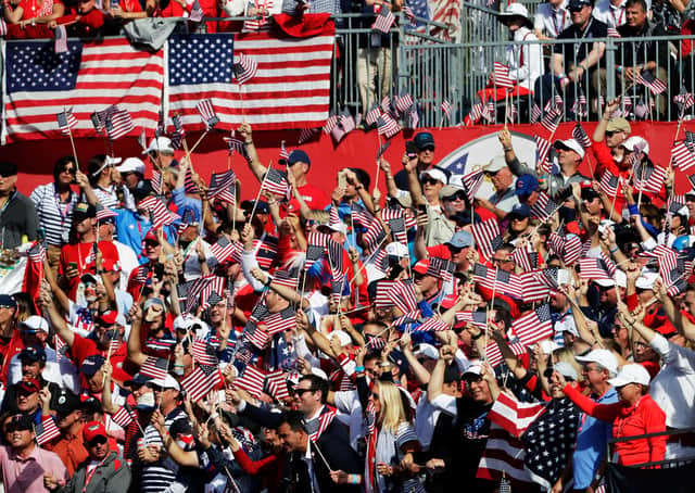 Fans hit fever pitch on the first tee at Hazeltine in 2016.