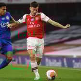 Kieran Tierney in action for Arsenal against Leicester City's defender James Justin during Tuesday's 1-1 draw. Picture: AFP via Getty Images
