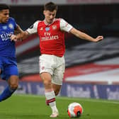 Kieran Tierney in action for Arsenal against Leicester City's defender James Justin during Tuesday's 1-1 draw. Picture: AFP via Getty Images