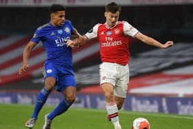 Kieran Tierney in action for Arsenal against Leicester City's defender James Justin during Tuesday's 1-1 draw. Picture: AFP via Getty Images