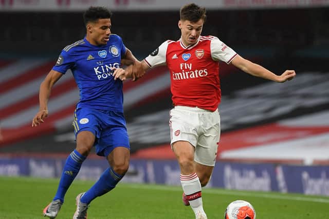 Kieran Tierney in action for Arsenal against Leicester City's defender James Justin during Tuesday's 1-1 draw. Picture: AFP via Getty Images