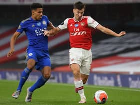 Kieran Tierney in action for Arsenal against Leicester City's defender James Justin during Tuesday's 1-1 draw. Picture: AFP via Getty Images