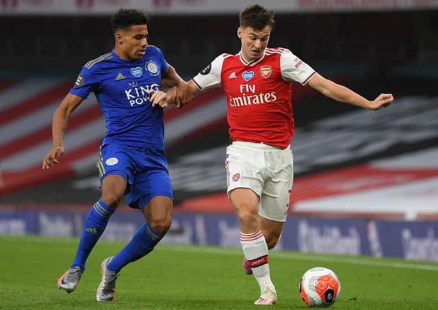 Kieran Tierney in action for Arsenal against Leicester City's defender James Justin during Tuesday's 1-1 draw. Picture: AFP via Getty Images