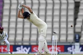 The bails fly after England opener Dom Sibley misjudged a delivery by Shannon Gabriel. Picture: Mike Hewitt/Pool via AP