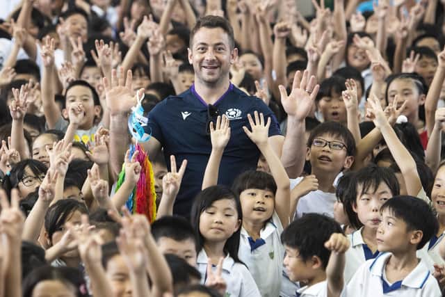 As he discovered during a trip to Meishin Elementary School in Kobe at the Rugby World Cup last year, Laidlaw already has a bit of a cult following in Japan. Picture: Gary Hutchison/SNS