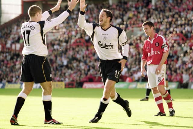 Liverpool midfielders Jamie Rednapp and Steven Gerrard in 2001