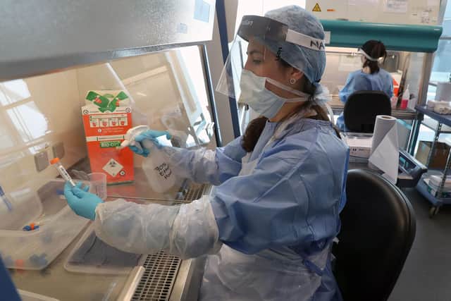 Laboratory technicians wearing full PPE clean test tubes containing live samples taken from people tested for the novel coronavirus. Picture: Andrew Milligan/AFP via Getty Images