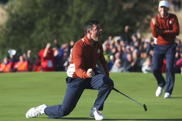 Rory McIlroy celebrates holing a putt in front of huge galleries on the fifth green during the Fourballs match on day two of the 2018 Ryder Cup at Le Golf National in Paris. Picture: David Davies/PA Wire.