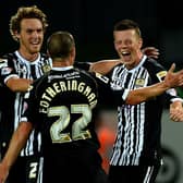 Callum McGregor celebrates scoring for Notts County in a  Capital One Cup match in 2013