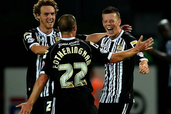 Callum McGregor celebrates scoring for Notts County in a  Capital One Cup match in 2013