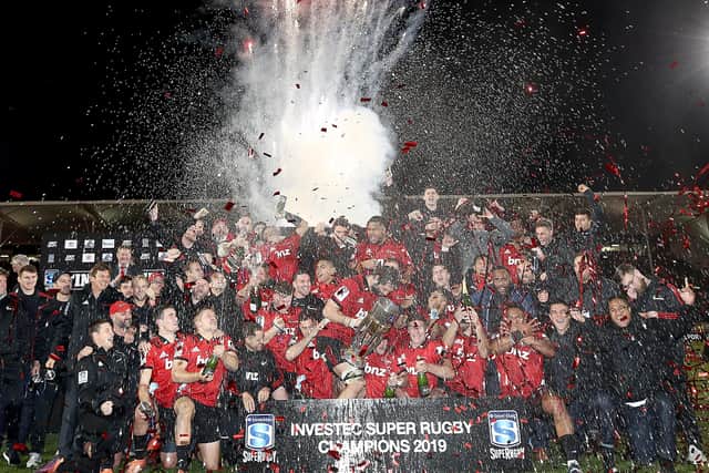 The Crusaders celebrate their 19-3 victory over Argentina’s Jaguares in the 2019 Super Rugby final in Christchurch. Picture: Phil Walter/Getty