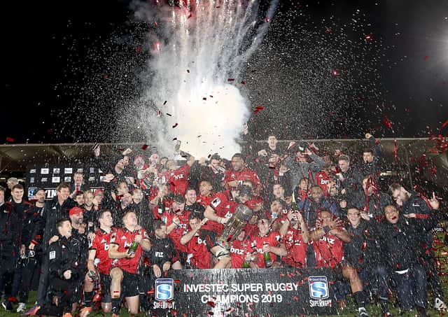 The Crusaders celebrate their 19-3 victory over Argentina’s Jaguares in the 2019 Super Rugby final in Christchurch. Picture: Phil Walter/Getty