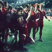 Nottingham Forest celebrate after their 1-0 win over Hamburg in the 1980 European Cup final in Madrid. Picture: Colorsport/Shutterstock