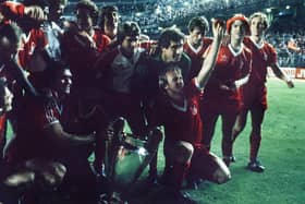 Nottingham Forest celebrate after their 1-0 win over Hamburg in the 1980 European Cup final in Madrid. Picture: Colorsport/Shutterstock