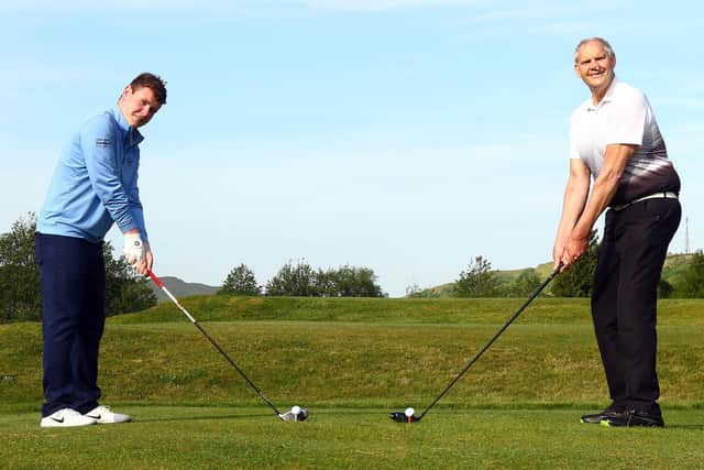James Scott, Covid-19 survivor, right, is given the honour of restarting golf at Glencruitten Golf Club in Oban with Bob MacIntyre. Picture: Kevin McGlynn