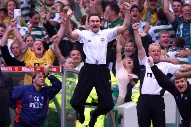 Martin O’Neill celebrates Celtic’s sixth goal in the 6-2 victory over Rangers in August 2000. Picture: SNS.