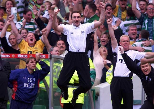 Martin O’Neill celebrates Celtic’s sixth goal in the 6-2 victory over Rangers in August 2000. Picture: SNS.