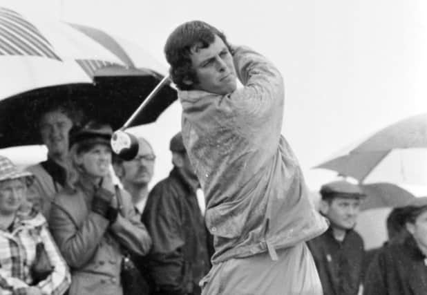 Bernard Gallacher playing in the rain during the Open Championship at Troon in July 1973. Picture: Denis Straughan/TSPL