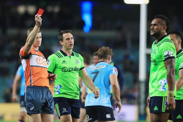 Tevita Nabura, right, of the Highlanders is sent off during a Super Rugby match against the Waratahs. Teams can now replace red-carded players 20 minutes after they are dismissed. Picture: Mark Evans/Getty