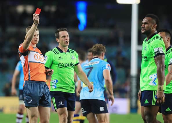 Tevita Nabura, right, of the Highlanders is sent off during a Super Rugby match against the Waratahs. Teams can now replace red-carded players 20 minutes after they are dismissed. Picture: Mark Evans/Getty
