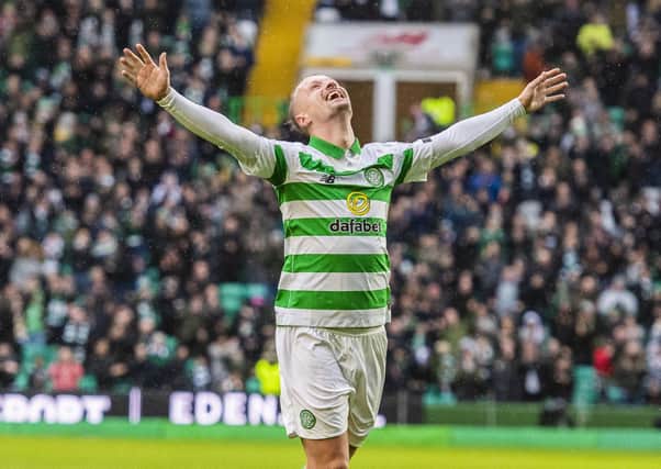 Celtic striker Leigh Griffiths celebrates completing his hat-rick against St Mirren on 7 March. Picture: Alan Harvey/SNS