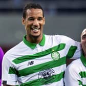 STOCKHOLM, SWEDEN - AUGUST 29: Celtic's Scott Brown and Christopher Jullien are pictured celebrating after the UEFA Europa League play-off match between AIK and Celtic on August 29, 2019, at the Friends Arena, Stockholm (Photo by Craig Williamson / SNS Group)