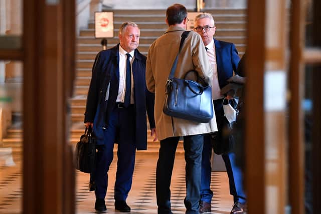 Lyon's president Jean-Michel Aulas (L) and the club's general deputy director Olivier Blanc (R) chat with their lawyer as they leave a hearing concerning the judicial appeals from Lyon, Toulouse and Amiens against the way French Ligue 1 and Ligue 2 seasons ended. Picture: Franck Fife/AFP