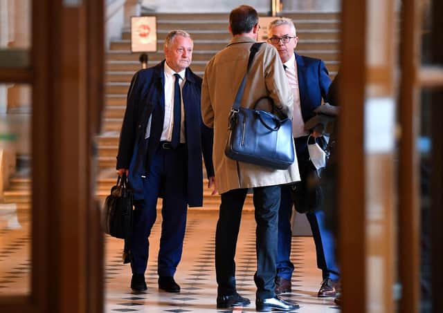 Lyon's president Jean-Michel Aulas (L) and the club's general deputy director Olivier Blanc (R) chat with their lawyer as they leave a hearing concerning the judicial appeals from Lyon, Toulouse and Amiens against the way French Ligue 1 and Ligue 2 seasons ended. Picture: Franck Fife/AFP